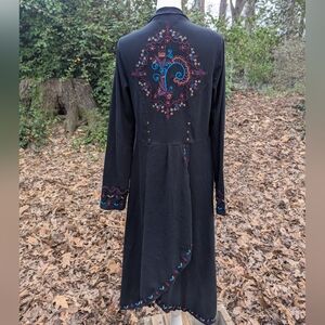 Caite Embroidered Duster Cardigan Jacket Black Cotton Blend Women's Small Boho